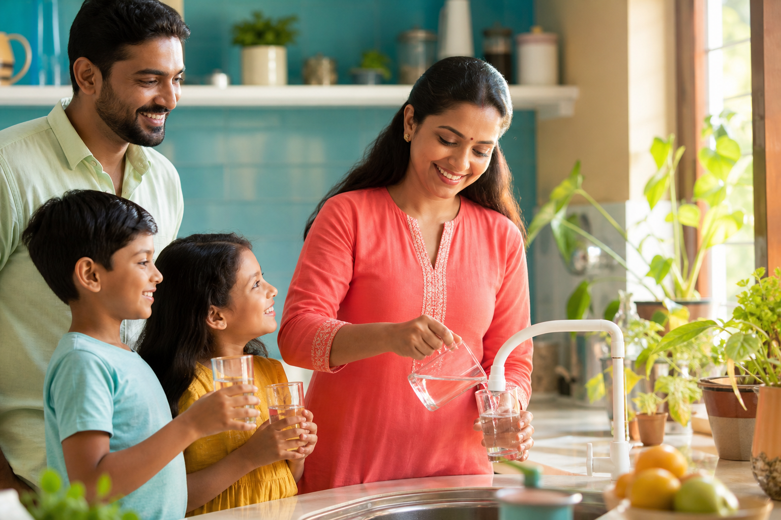 Family filling glasses from the drinking-water tap
