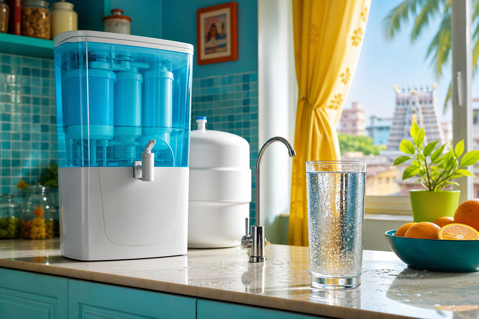 RO purifier in a bright kitchen with a glass of water